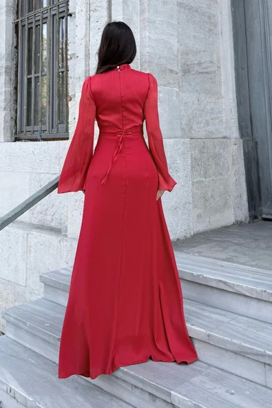 Göğüs Büzgü Detaylı Arkadan Bağlamalı Abiye Elbise 2287-Kırmızı - Resim 6