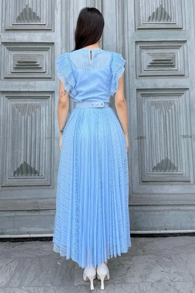 Straplez Yaka Omuz Fırfır Detaylı Kemerli Abiye Elbise 2282-Mavi - Resim 6