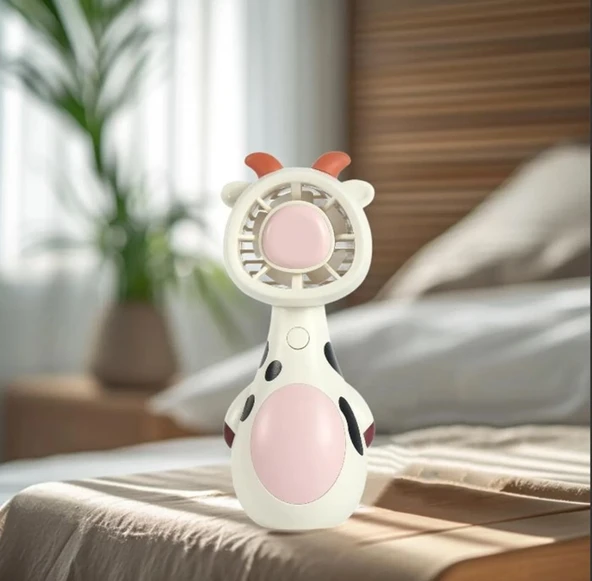 Mini El Fanı Şarjlı Telefon Tutuculu İnek Figürlü Kademeli Taşınabilir Vantilatör Masa El Tipi Serinletici Soğutucu - 4