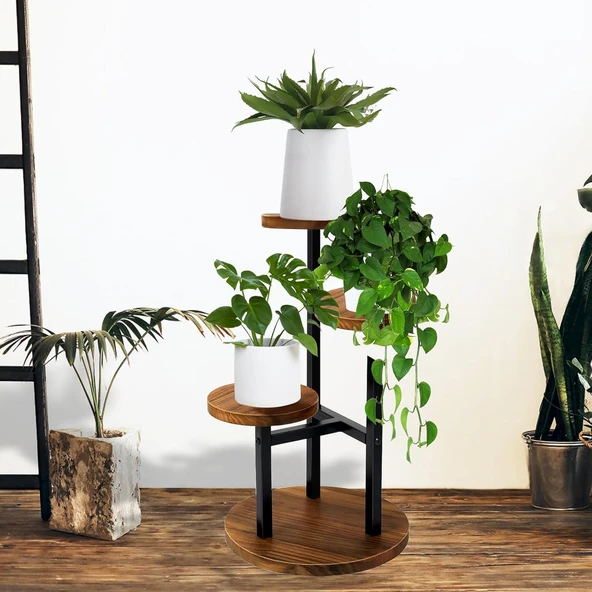 Çiçeklik 3 Raflı Saksılık Dekoratif 3 Raflı Çiçeklik Metal Doğal Ahşap Saksılık Çiçek Rafı Daire Model - 3