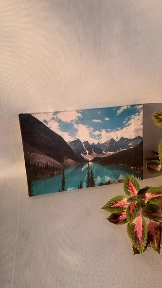 Akarsu Ve Dağ Manzaralı Natürel Ahşap Çerçeve Ev İşyeri Ofis Duvar Kanvas Tablo MNZ12 - Resim 7