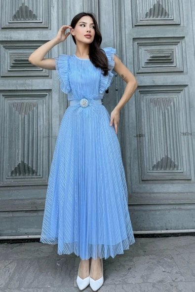 Straplez Yaka Omuz Fırfır Detaylı Kemerli Abiye Elbise 2282-Mavi ürün görseli