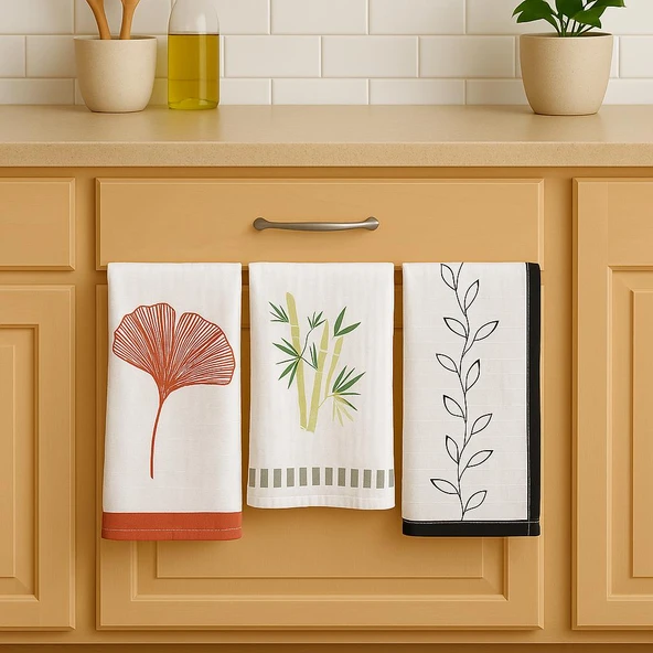 Müslin Kurulama Bezi 3'lü Set Desenli Yumuşak ve Emici Mutfak Havlusu - 1