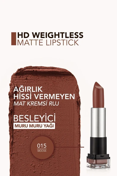 HAFİF DOKULU MAT RUJ (KOYU KAHVE) - HD WEİGHTLESS MATTE LİPSTİCK - 015 MOCHA - 8690604518708 - 5