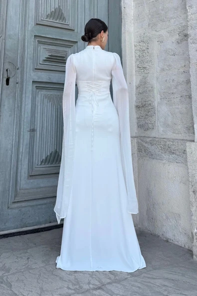 Göğüs Büzgü Detaylı Arkadan Bağlamalı Abiye Elbise 2287-Beyaz - Resim 6