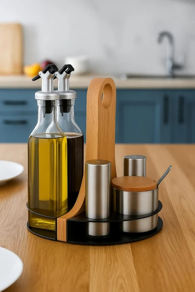 Metal Ahşap Standlı Tezgah Üstü Baharatlık Ve Yağdanlık Seti - 2'lü Cam Yağlık Ve 3'lü Paslanmaz Baharatlık - 3