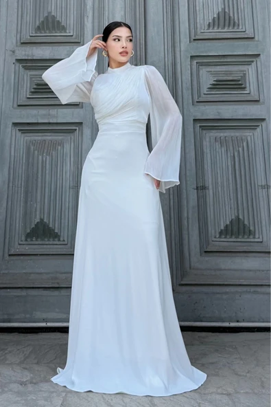 Göğüs Büzgü Detaylı Arkadan Bağlamalı Abiye Elbise 2287-Beyaz - Resim 4