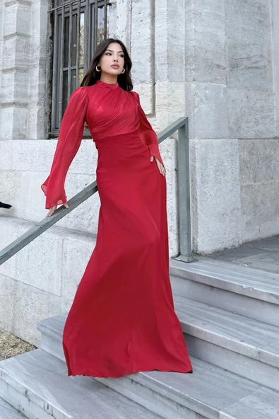 Göğüs Büzgü Detaylı Arkadan Bağlamalı Abiye Elbise 2287-Kırmızı - Resim 5