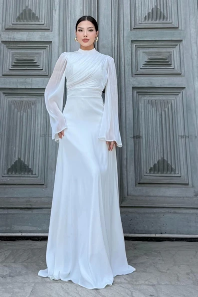 Göğüs Büzgü Detaylı Arkadan Bağlamalı Abiye Elbise 2287-Beyaz - Resim 5