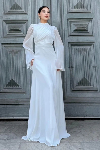 Göğüs Büzgü Detaylı Arkadan Bağlamalı Abiye Elbise 2287-Beyaz ürün görseli