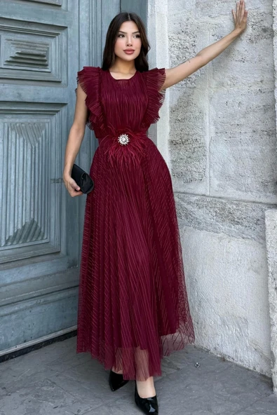 Straplez Yaka Omuz Fırfır Detaylı Kemerli Abiye Elbise 2282-Bordo - Resim 4