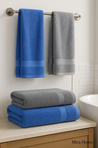 4 Parça Ekonomik Banyo Havlu Takımı %100 Pamuklu Quickdry Mavi - 6