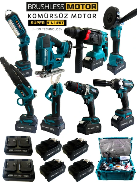 Germany Style Profesyonel Usta Seti Kömürsüz 8'li Set Kırıcı-Matkap-Dekupaj-Budama Testeresi-Makas-