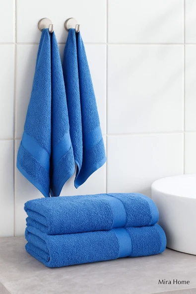 4 Parça Ekonomik Banyo Havlu Takımı %100 Pamuklu Quickdry Mavi - 8