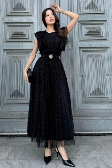 Straplez Yaka Omuz Fırfır Detaylı Kemerli Abiye Elbise 2282-Siyah - Resim 4