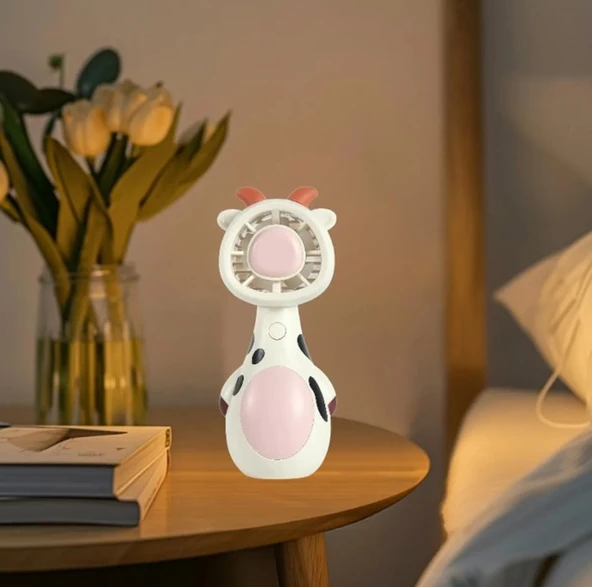 Mini El Fanı Şarjlı Telefon Tutuculu İnek Figürlü Kademeli Taşınabilir Vantilatör Masa El Tipi Serinletici Soğutucu - 3