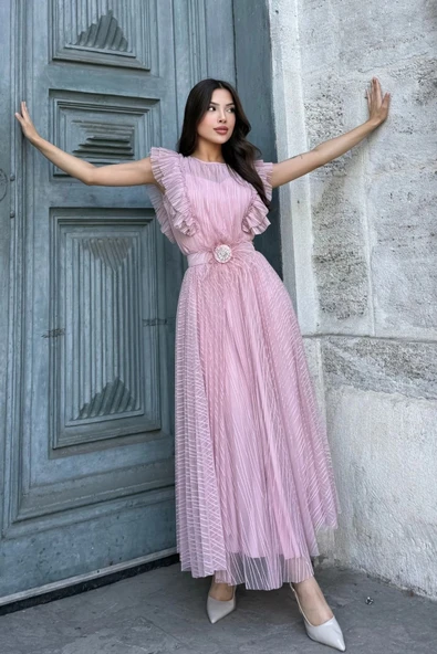 Straplez Yaka Omuz Fırfır Detaylı Kemerli Abiye Elbise 2282-Pudra ürün görseli