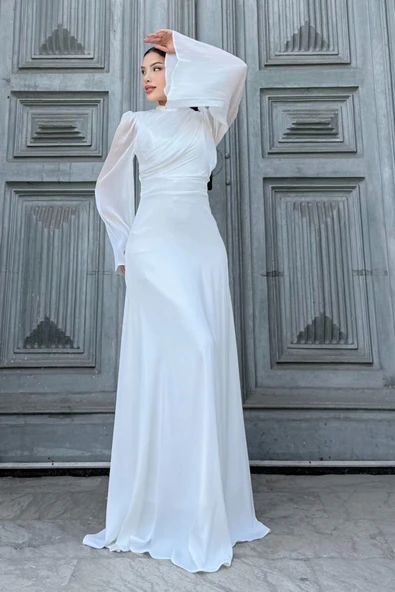 Göğüs Büzgü Detaylı Arkadan Bağlamalı Abiye Elbise 2287-Beyaz - Resim 3