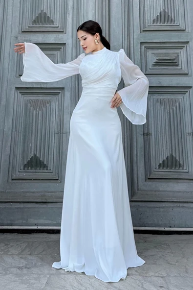 Göğüs Büzgü Detaylı Arkadan Bağlamalı Abiye Elbise 2287-Beyaz - Resim 2