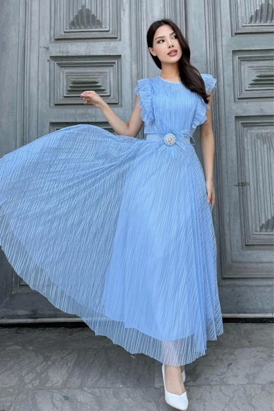 Straplez Yaka Omuz Fırfır Detaylı Kemerli Abiye Elbise 2282-Mavi - Resim 2