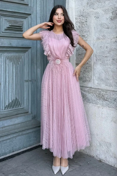 Straplez Yaka Omuz Fırfır Detaylı Kemerli Abiye Elbise 2282-Pudra - Resim 2