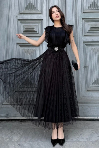 Straplez Yaka Omuz Fırfır Detaylı Kemerli Abiye Elbise 2282-Siyah - Resim 2