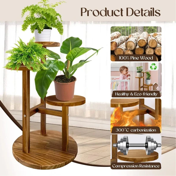 Çiçeklik 3 Raflı Saksılık Dekoratif 3 Raflı Çiçeklik Doğal Ahşap Saksılık Çiçek Rafı Daire Model - 5