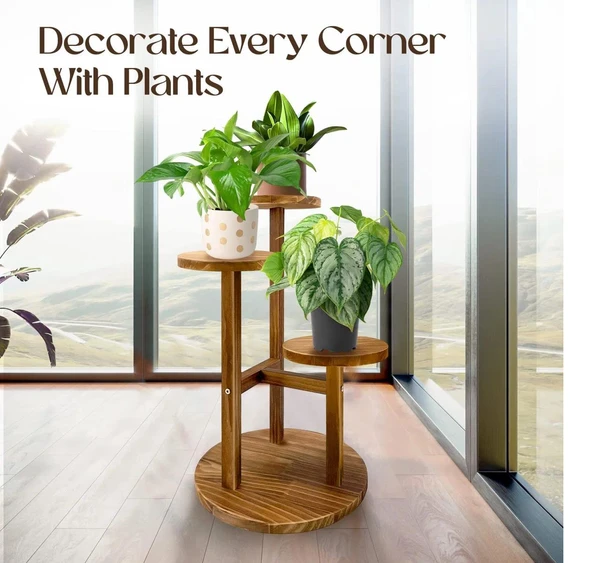 Çiçeklik 3 Raflı Saksılık Dekoratif 3 Raflı Çiçeklik Doğal Ahşap Saksılık Çiçek Rafı Daire Model - 3