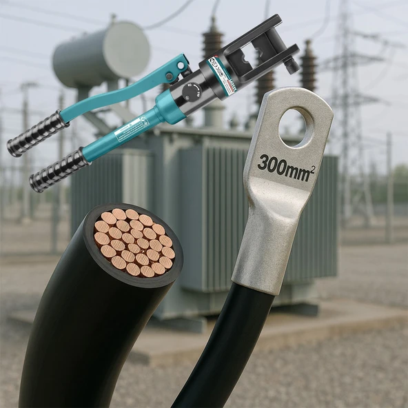 Hidrolik Papuç Sıkma Pensesi 16-300 mm Kablo Kesiti 70 KN Profesyonel Tip Krimp 7 Ton Elektrik Pano - Resim 6