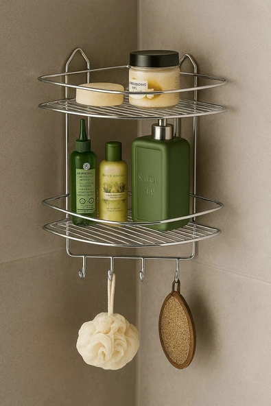 Paslanmaz Krom Yapışkanlı Banyo Köşeliği Düzenleyici, Şampuanlık, Duş Rafı 2 Katlı EK-02 - Resim 3