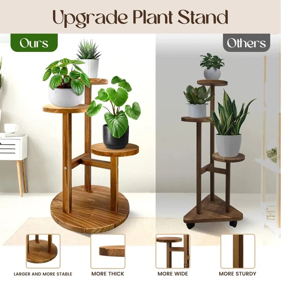 Çiçeklik 3 Raflı Saksılık Dekoratif 3 Raflı Çiçeklik Doğal Ahşap Saksılık Çiçek Rafı Daire Model - 2