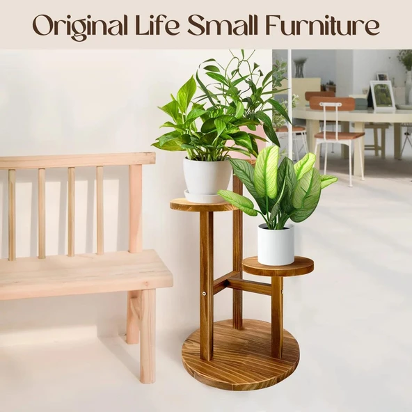 Çiçeklik 3 Raflı Saksılık Dekoratif 3 Raflı Çiçeklik Doğal Ahşap Saksılık Çiçek Rafı Daire Model - 4
