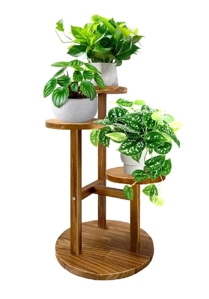 Çiçeklik 3 Raflı Saksılık Dekoratif 3 Raflı Çiçeklik Doğal Ahşap Saksılık Çiçek Rafı Daire Model