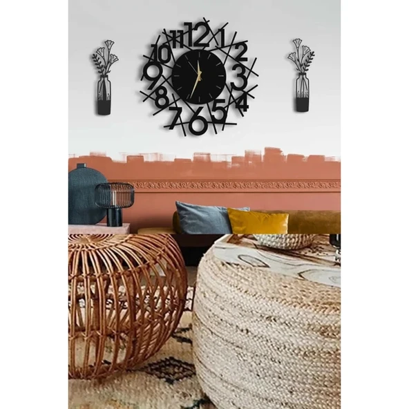 Çizgili Modern Ahşap dekoratif saat+ 2li Vazo - 1