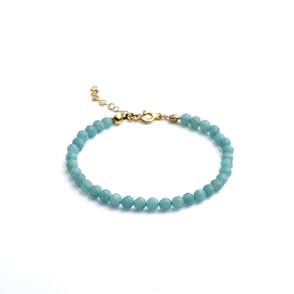 14 Ayar Altın Kaplama Gerçek Amozonite Fasetli Şifalı Gümüş Bileklik - BGS00101 - Resim 2