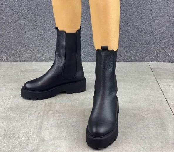 Kadın Kalın Taban Siyah  Hafif Eva Taban Lastikli Günlük Postal Bot - 3