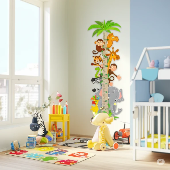 Kendinden Yapışkanlı Şeffaf  Sevimli Hayvan Temalı Boy Ölçer 100x35 cm Poster Afiş Duvar Sticker Kağıdı Çocuk Odası Kreş