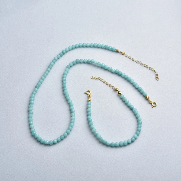 14 Ayar Altın Kaplama Gerçek Amozonite Fasetli Şifalı Gümüş Bileklik - BGS00101 - Resim 5