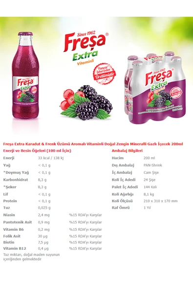 Freşa Extra Karadut Frenk Üzümü Mineralli Gazlı İçecek 200 ml x 6 Adet - 3
