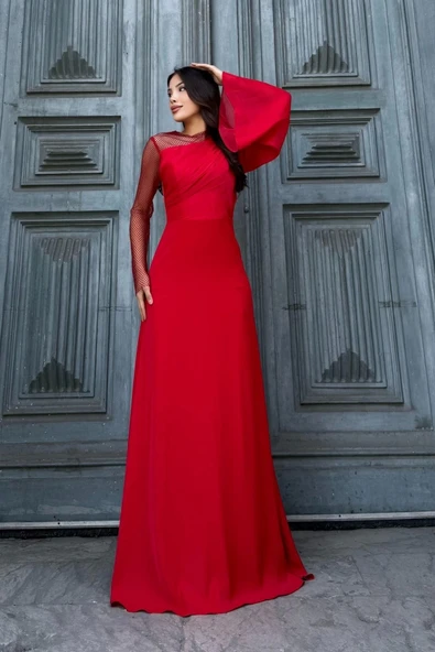 File Detaylı Abiye Elbise 2337-Kırmızı - Resim 4