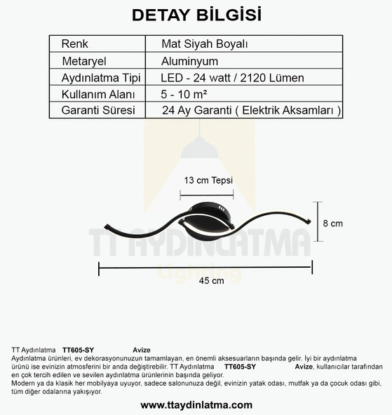 TT605-SY Martı Model Çocuk-Antre-Küçük Oda Mat Siyah Led Avize - 4
