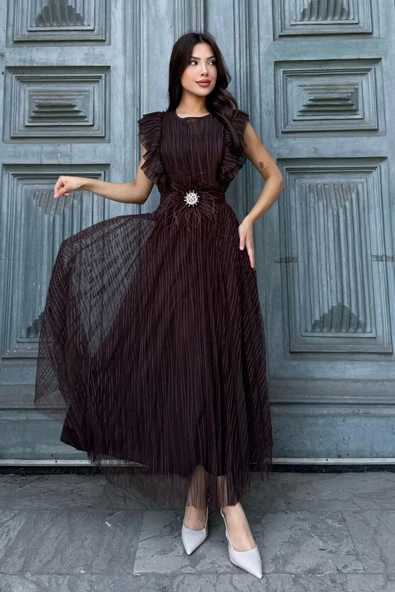 Straplez Yaka Omuz Fırfır Detaylı Kemerli Abiye Elbise 2282-Kahverengi - Resim 3