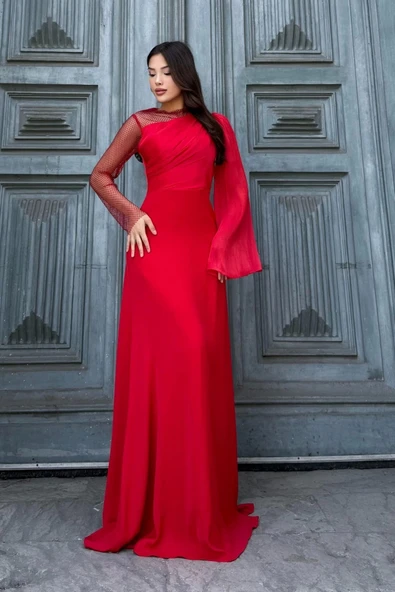 File Detaylı Abiye Elbise 2337-Kırmızı - Resim 3