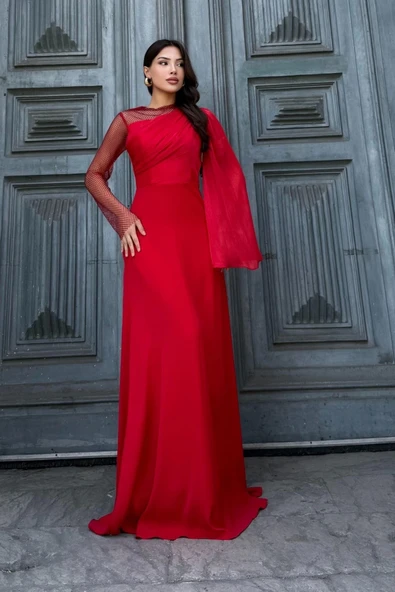 File Detaylı Abiye Elbise 2337-Kırmızı - Resim 5