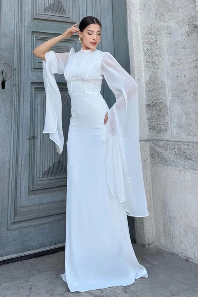 Bel Boncuk İşleme Detaylı Beden Ayarlı Abiye Elbise 2325-Beyaz ürün görseli 1