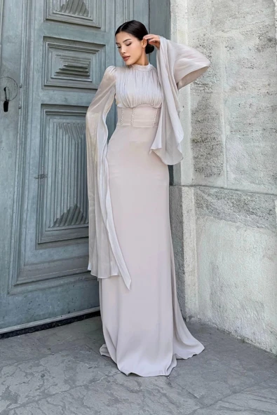 Bel Boncuk İşleme Detaylı Beden Ayarlı Abiye Elbise 2325-Bej - Resim 5