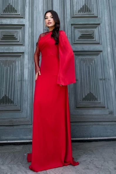 File Detaylı Abiye Elbise 2337-Kırmızı - Resim 2