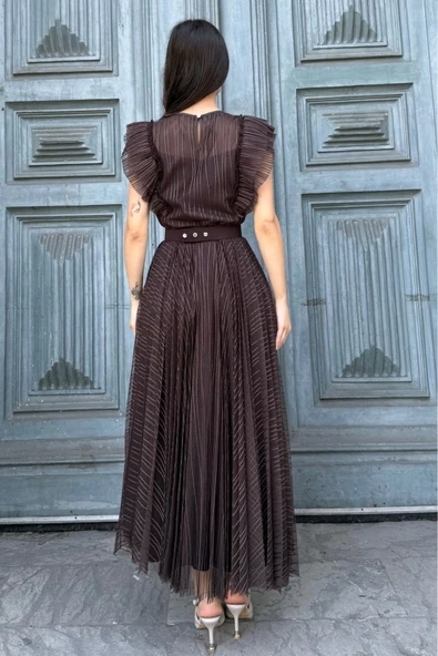 Straplez Yaka Omuz Fırfır Detaylı Kemerli Abiye Elbise 2282-Kahverengi - Resim 5