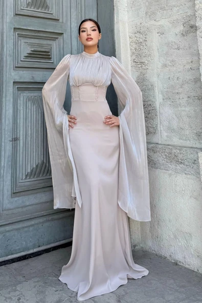 Bel Boncuk İşleme Detaylı Beden Ayarlı Abiye Elbise 2325-Bej - Resim 4