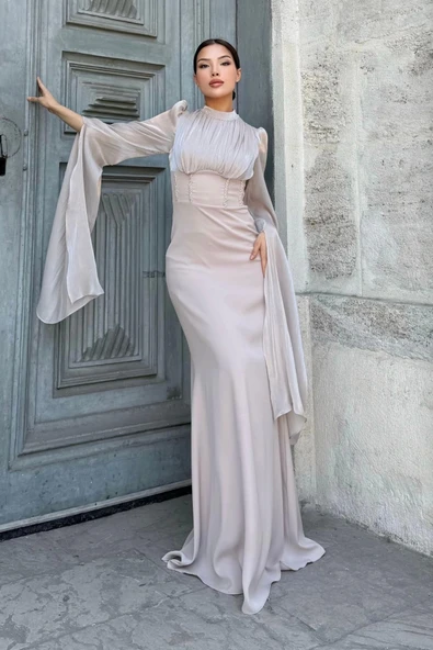 Bel Boncuk İşleme Detaylı Beden Ayarlı Abiye Elbise 2325-Bej - Resim 3